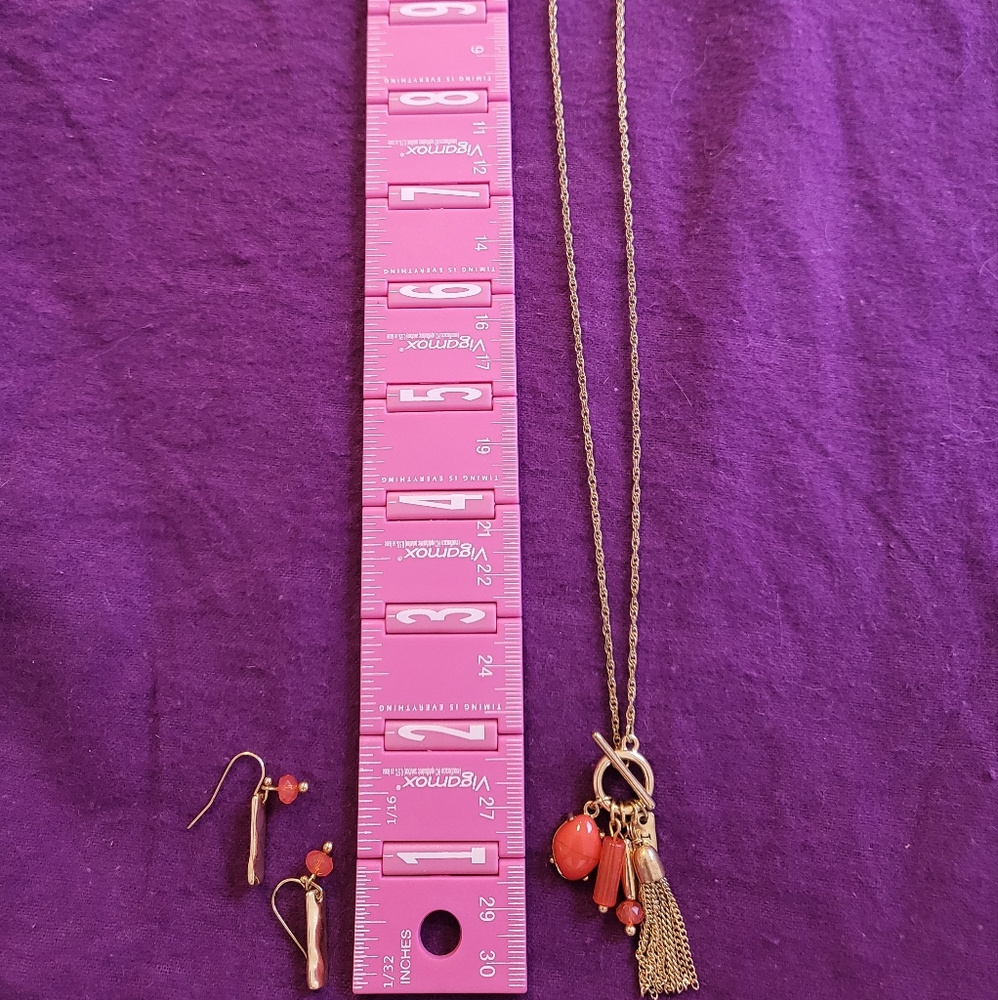 Coral Bead, INSPIRE Charm & Gold Tassel Pendant Necklace with Matching Earrings.